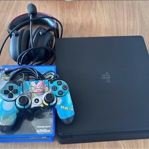 Sony Black Console with Custom Blue Controller and Headset